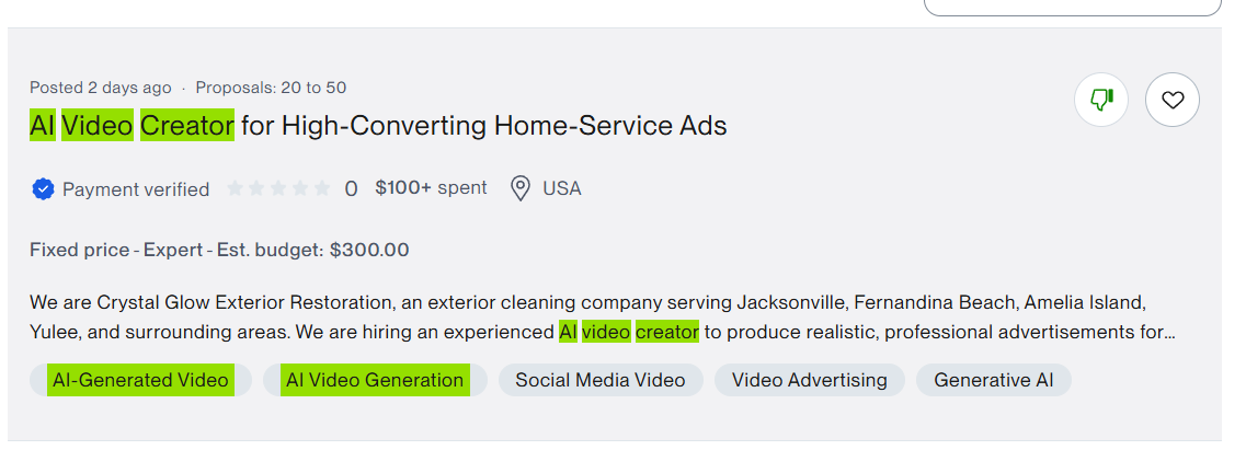 Originalni screenshot objavljene Upwork ponude za posao — primer 2 od 10