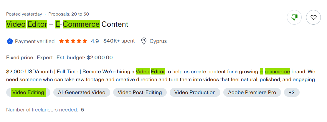 Originalni screenshot objavljene Upwork ponude za posao — primer 4 od 10
