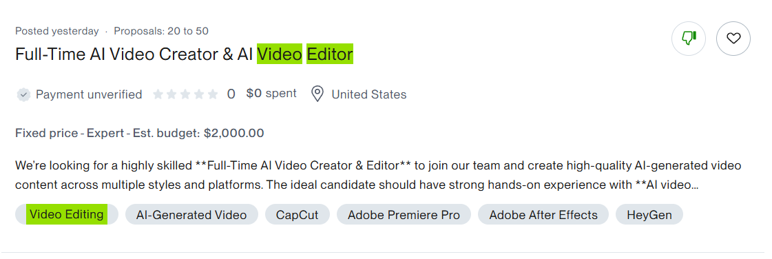Originalni screenshot objavljene Upwork ponude za posao — primer 6 od 10