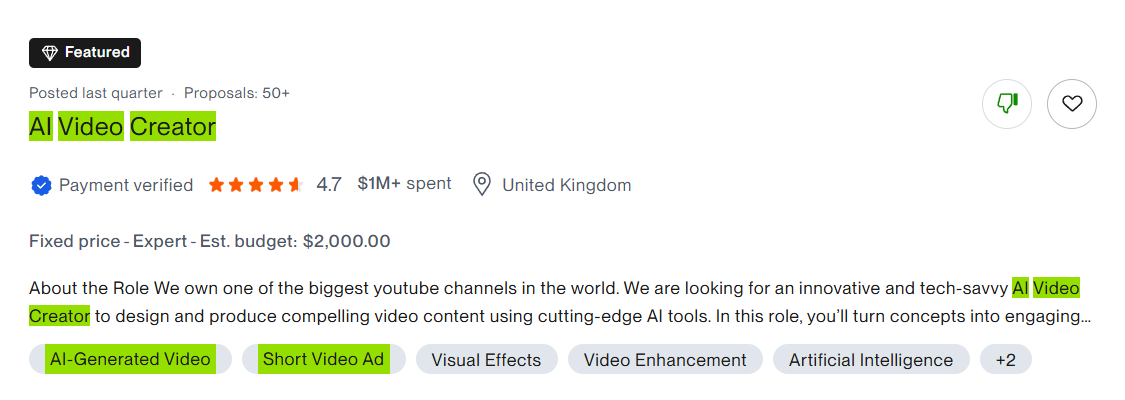 Originalni screenshot objavljene Upwork ponude za posao — primer 8 od 10