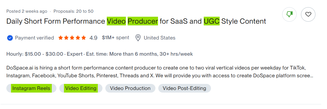 Originalni screenshot objavljene Upwork ponude za posao — primer 9 od 10